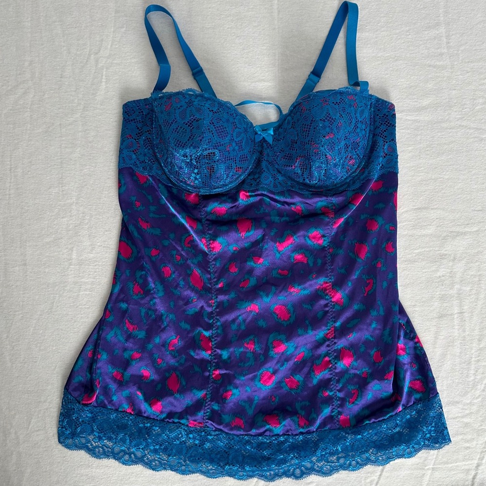 Fredericks of Hollywood Leopard Print Lace Corset Slip Chemise 1X Wild Fun Y2K